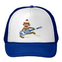 Sock Monkey Playing Blue Guitar Hat