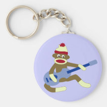 Sock Monkey Playing Blue Guitar Keychain