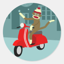 Sock Monkey Scooter Round Sticker