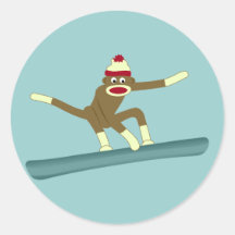 Sock Monkey Snowboarder Round Sticker