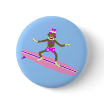 Sock Monkey Surfer Girl Button