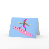 Sock Monkey Surfer Girl Greeting Cards