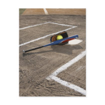 Softball, softball glove and bat at home plate postcard