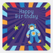 Space Age Happy Birthday Square Stickers