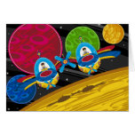Spacemen Flying Spaceship over Planet