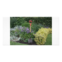 Spade in flower bed customized photo card