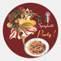 SPAGHETTI PARTY DANCE,ITALIAN KITCHEN AND TOMATOES ROUND STICKER