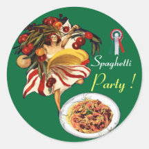 SPAGHETTI PARTY DANCE,ITALIAN KITCHEN AND TOMATOES ROUND STICKER