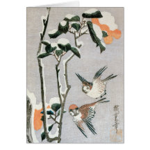 Sparrows and Camellia in Snow by Ando Hiroshige Greeting Card