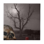 Spooky Cemetery Tombstones and Skull Photo Mashup Tile