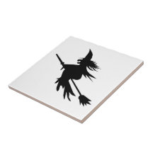 Spooky Halloween Flying Witch on Broom Silhouette Ceramic Tiles