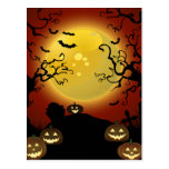 Spooky Halloween Moon, Pumpkins and Bats Postcard