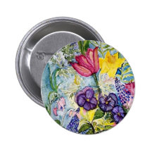 Spring Garden Watercolor Painting Pinback Button