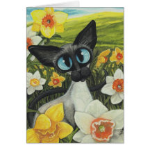 Spring Siamese Cat Easter Daffodils by BiHrLe Card
