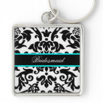 Square Black white & aqua damask bridesmaid Key Chain