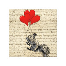 Squirrel and heart balloons stretched canvas prints