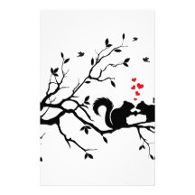 Squrrels with red hearts on tree branch stationery