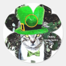 ST PATRICK'S  DAY CAT  WITH LEPRECHAUN HAT CLOVER ROUND STICKERS