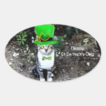 ST PATRICK'S  DAY CAT  WITH LEPRECHAUN HAT OVAL STICKERS