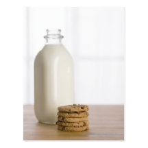 Stack of chocolate chip cookies milk in a glass postcard