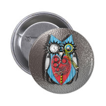 Steam Punk Funny Mechanical Owl  Red Blue Button