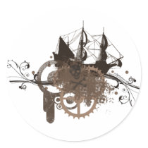 Steampunk pirate ship round stickers