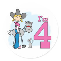Stick Cowgirl 4th Birthday Round Sticker