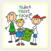 Stick Figure Reduce  Reuse Recycle T-shirts Square Stickers