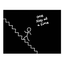 Stick man on the stairs "one step..." postcard