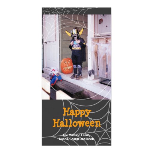 Sticky spider web black orange Halloween greeting Customised Photo Card