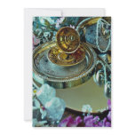 Still life, gold teacup and silver plates invitation