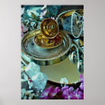 Still life, gold teacup and silver plates poster