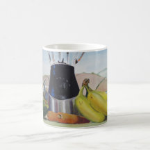 Still life painting fruit vegetables blender coffee mugs