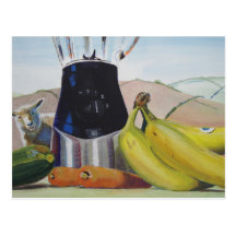 Still life painting fruit vegetables blender postcards