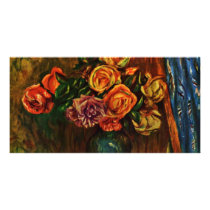 Still Life Roses In Front Of Blue Curtains Personalized Photo Card