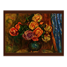 Still Life Roses In Front Of Blue Curtains Postcards