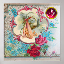 STORK BABY GIRL SHOWER Ruby Gem Stone Monogram Print