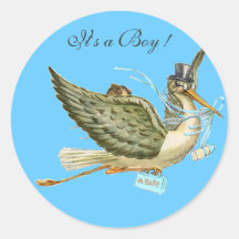 STORK BABY SHOWER  MONOGRAM , ROUND STICKER
