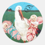 STORK TWIN BABY GIRL SHOWER MONOGRAM ROUND STICKER