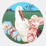 STORK TWIN BABY SHOWER MONOGRAM STICKERS