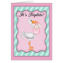 Stork with Girl Triplets Greeting Cards