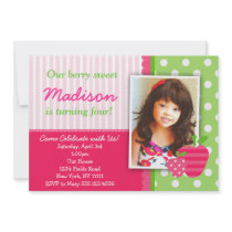 Strawberry Pink Green Birthday Party Invitations