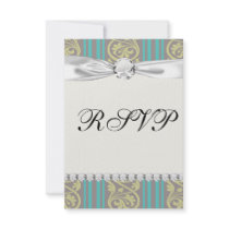 stripes and damask teal brown olive custom invitations