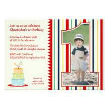 Stripes boy's photo 1st birthday party invitation