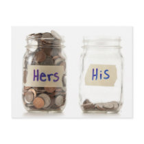 Studio shot of two jars with coins labelled post cards