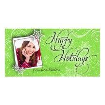 Stylish Snow Flake Green Happy Holiday Photo Card