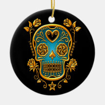 Sugar Skull with Roses, yellow and blue Ornament