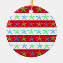 Summer Beach Theme Starfish on Red Striped Pattern Christmas Tree Ornament