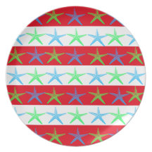 Summer Beach Theme Starfish on Red Striped Pattern Party Plate