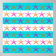 Summer Beach Theme Starfish on Teal Stripes Posters